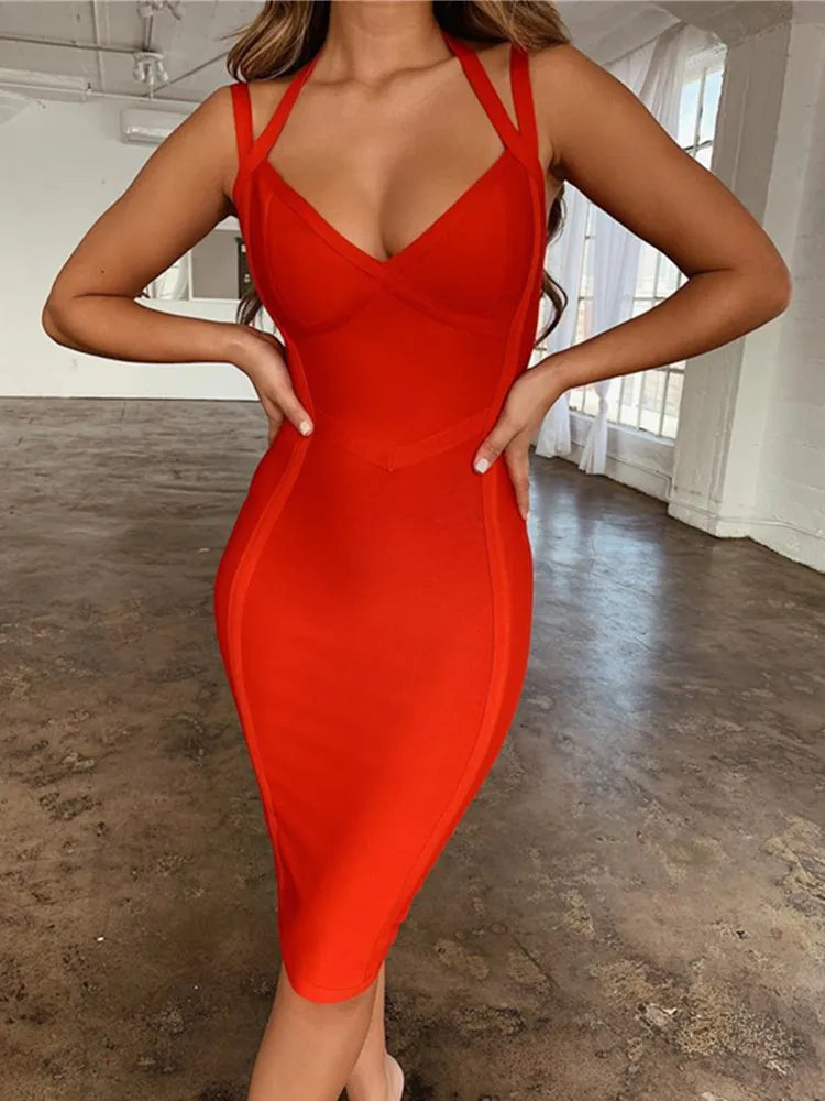 Free Shipping Women Summer Style Sexy V Neck Backless Black Red Bandage Dress 2022 Designer Fashion Evening Party Dress Vestido Red