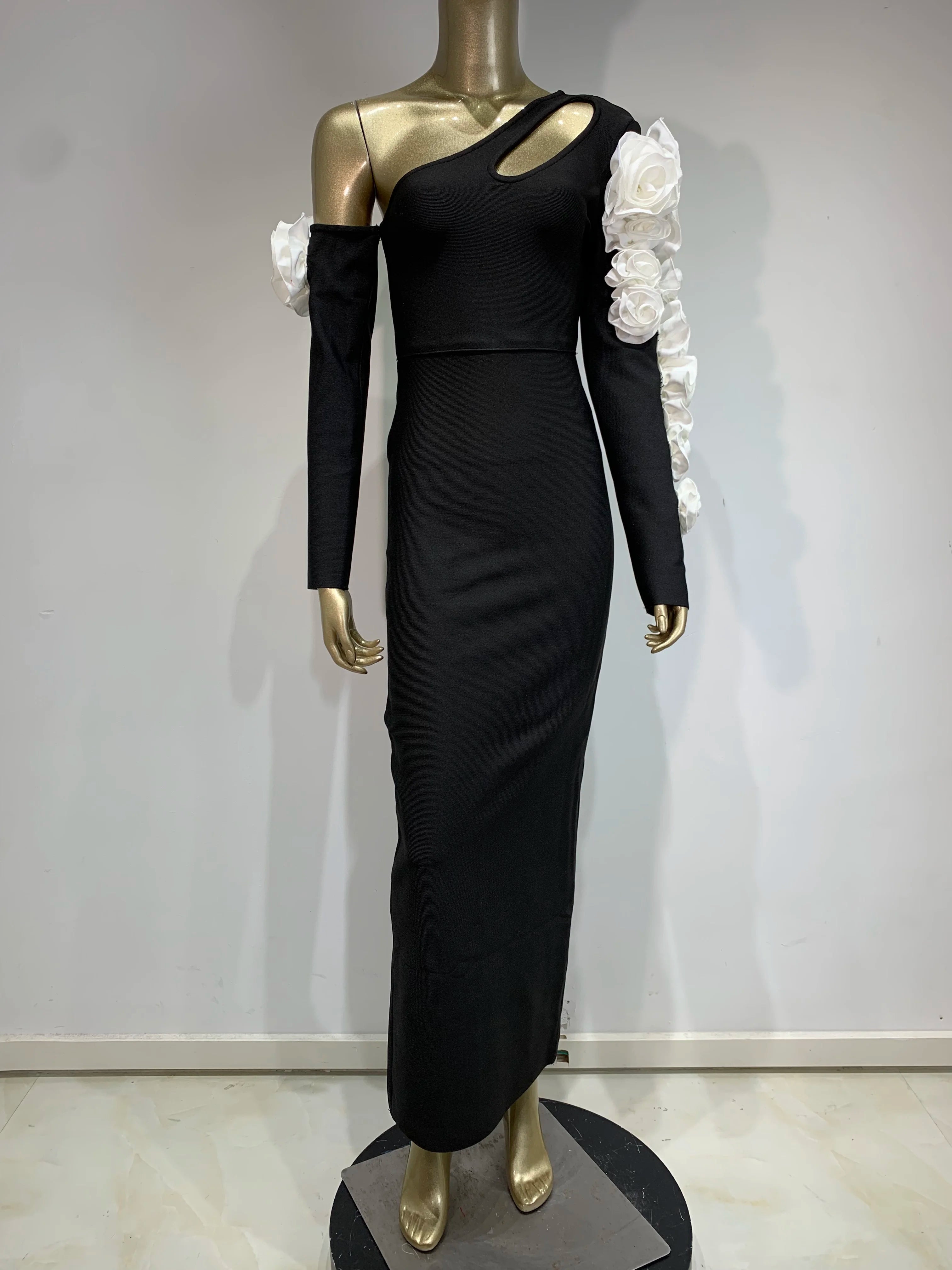 Women Bandage Dress 2024 Celebrity Sexy One Shoulder Flower Black Maxi Long Bodycon Elegant Evening Club Party Dress