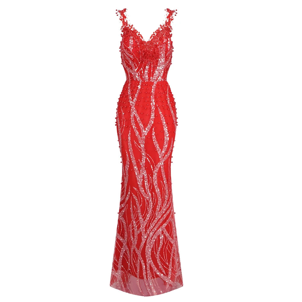 Bright Red Mermaid Long Dress Spaghetti Straps V Neck Pearls Embellished Prom Celebrity Party Evening Gowns Vestidos Red