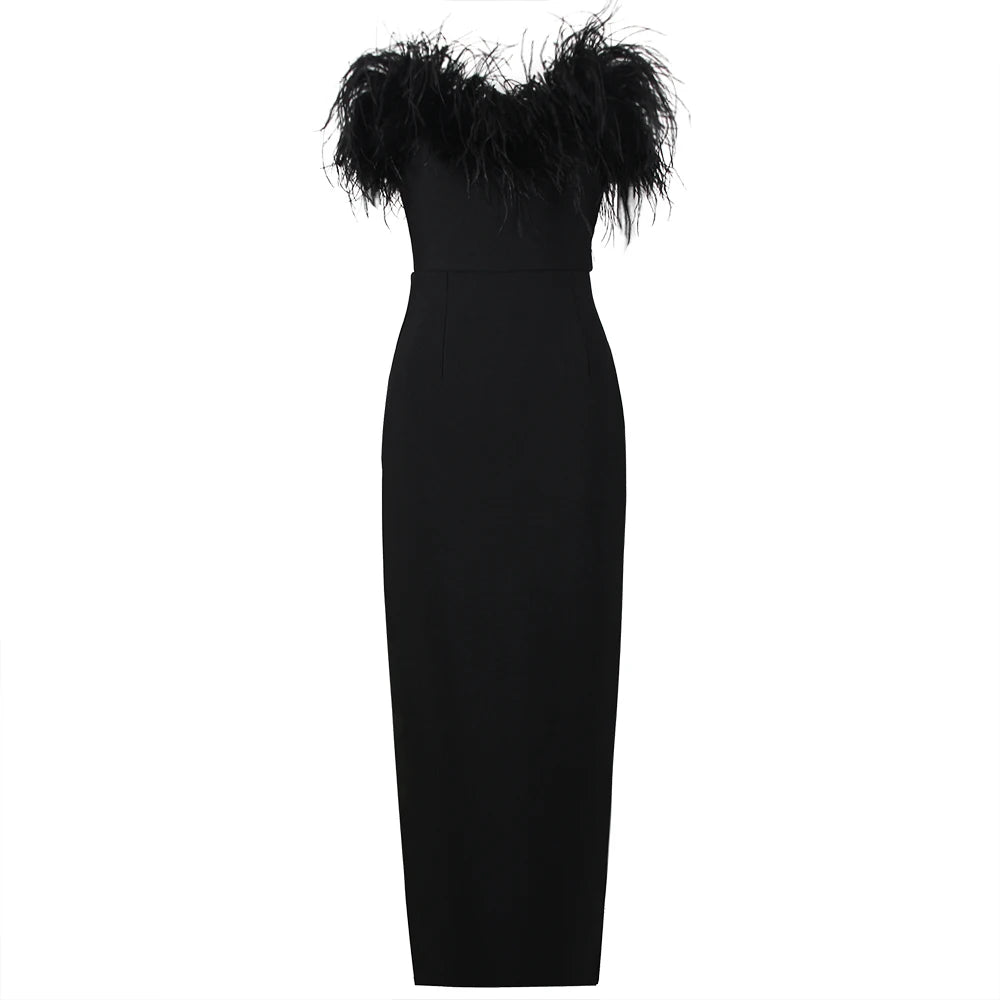 Woman Strapless Feather Design Dress For Party Chic Bodycon Bandage Black Long Dress Vestido black