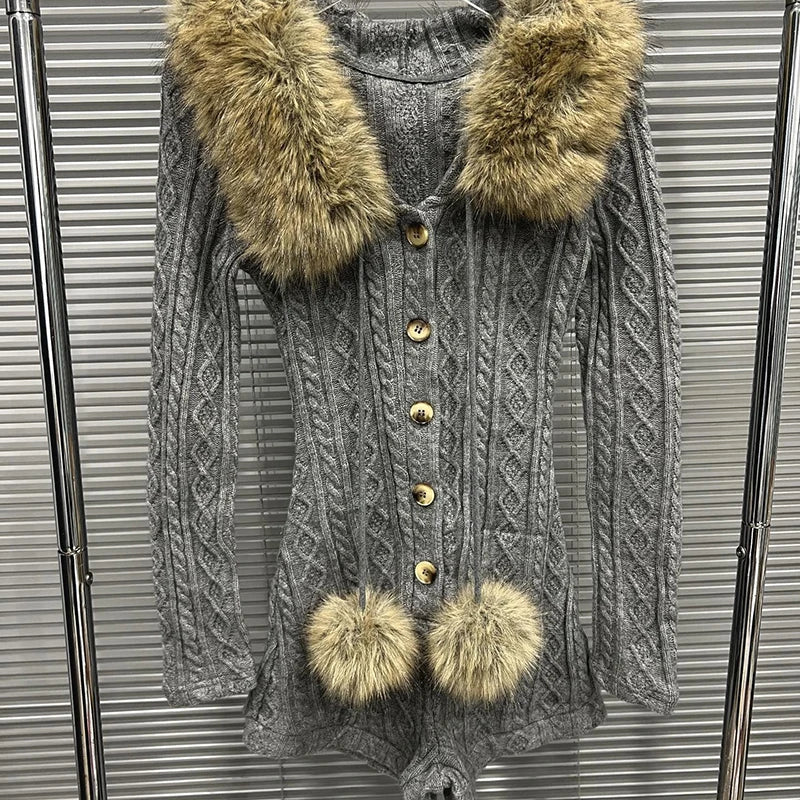 Autumn Winter New Fashion Hooded Slim Fit Long Sleeve Sweater Jumpsuit For Women Single-breasted Romper 11A07819