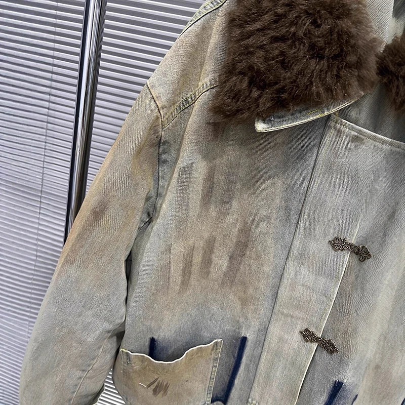 Autumn Winter New Casual Distressed Mid-Length Hook Large Fur Collar Dirty Look Denim Jacket For Women 11A07908
