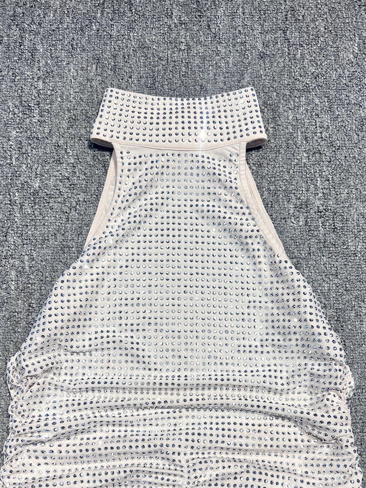 Halter Neck Backless Diamonds Long Dress For Women Sleeveless Folds Slim Formal Elegant Celebrity Cocktail Party Gown Vestido