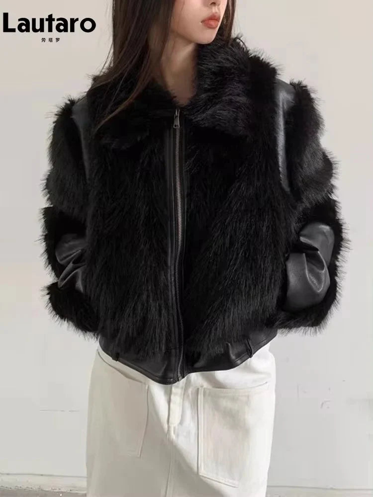 Autumn Winter Cool Short Black Soft Thickened Warm Hairy Shaggy Patchwork Faux Fox Fur Coat Women Fluffy Jacket 2023