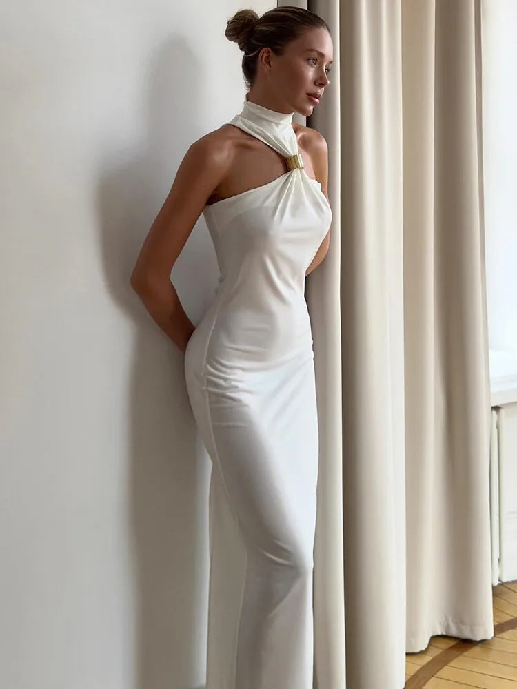Mozision Turtleneck Off-shoulder Sexy Knit Maxi Dress For Women Gown Metal Buckle Strapless Sleeveless High Waist Knitted Dress WHITE