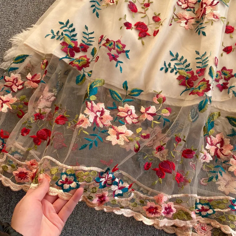 夏新着女性ヴィンテージメッシュ花刺繍マキシドレスレディースレトロ弓 A ラインスリムパーティードレスプラスサイズ