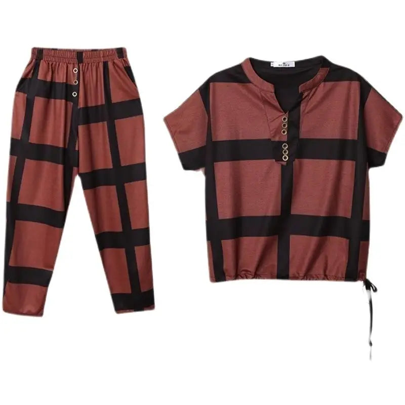 Women's Large Fashion Suit Spring Summer New Korean Casual Loose Plus Size Clothing Short Sleeve Tops Harun Pants Two Piece Sets
