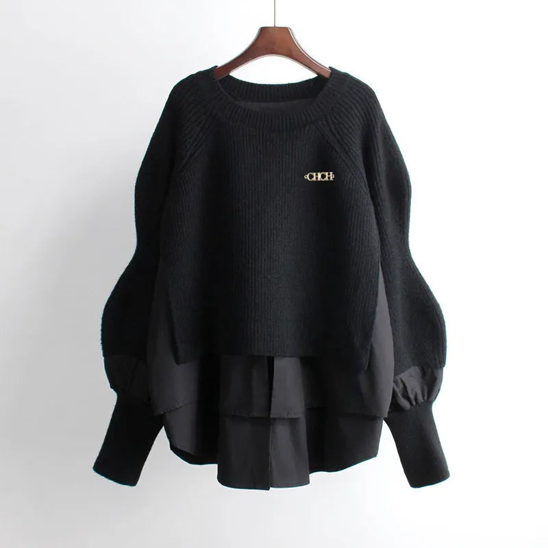Women's Sweater Brand Design Solid Color Autumn and Winter Lantern Sleeve Sweater 2024 New Loose O Neck Pullover Women's Top black One size fits all