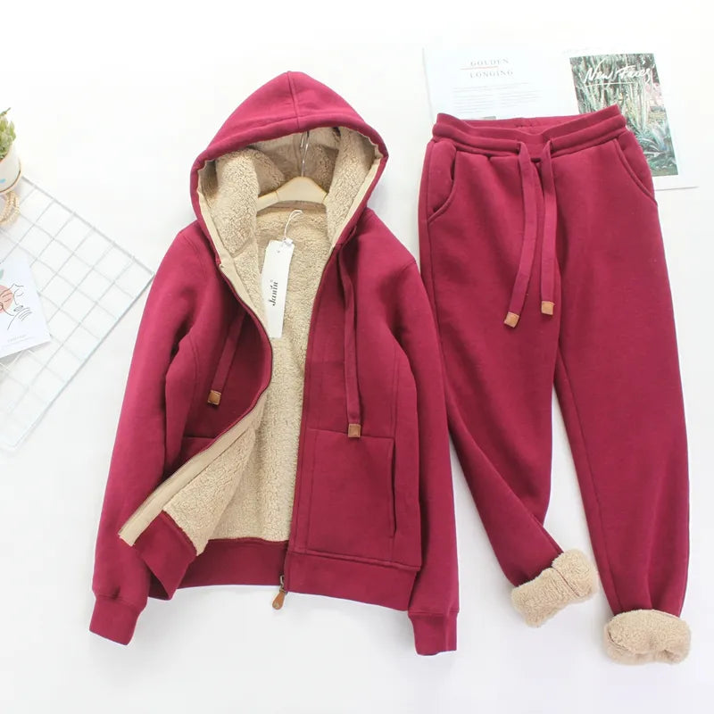Simple Fashion Sports Casual Suit Women's Autumn Winter Artificial Lamb Wool and Velvet Thickened Hooded Short Coat Sports Pants Claret