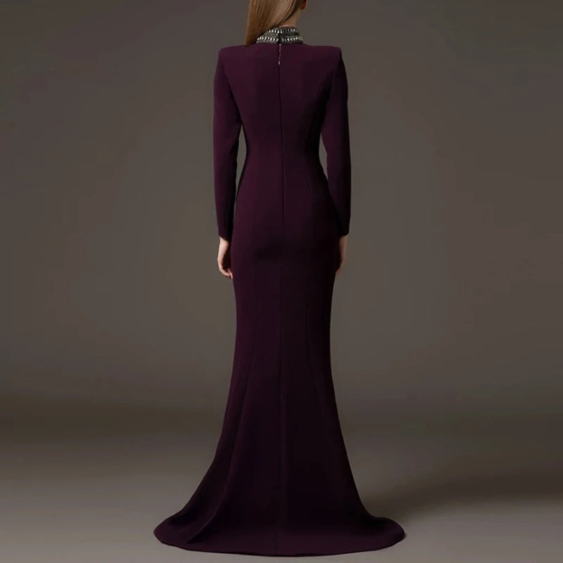 Solid Hollow Out Spliced Bead Dresses for Women High Neck Long Sleeves Patchwork Split Elegant Dress Female Clothes