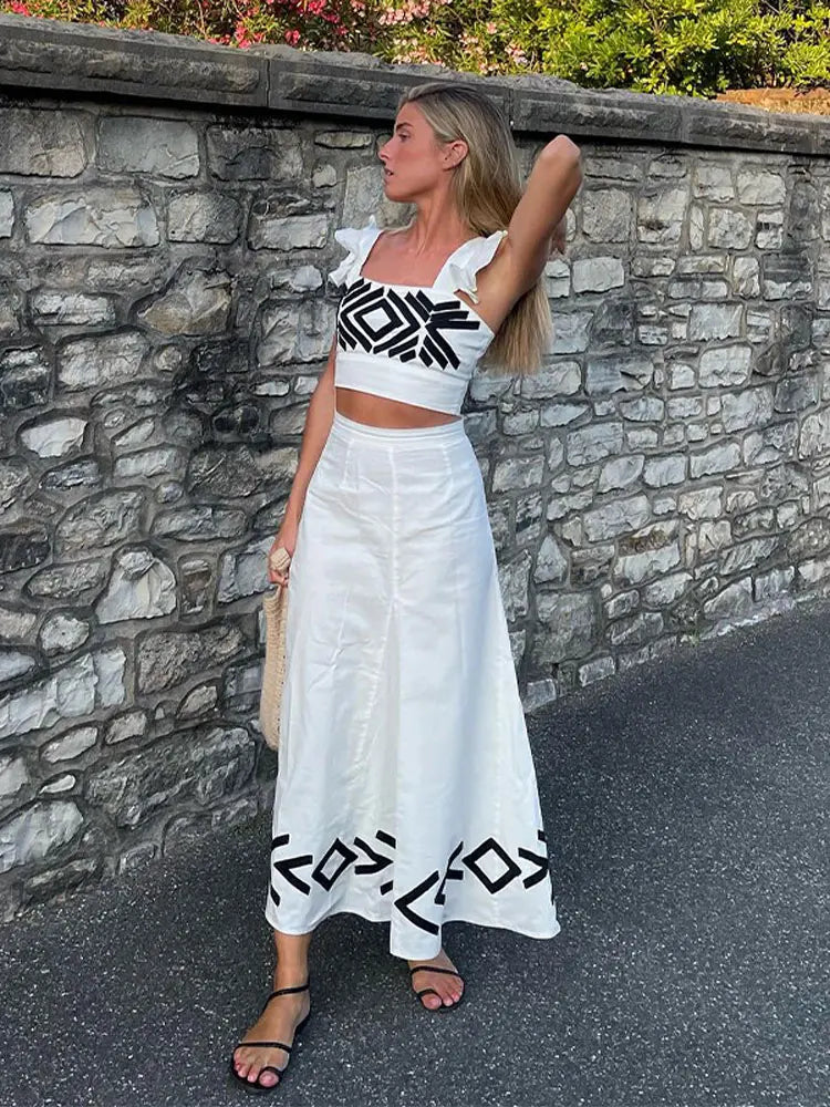 Fashion Print Skirt Suit Dress Women Spaghetti Strap Sleeveless Crop Top Skirt 2 Piece Set Spring Summer Lady Beach Outfits WHITE
