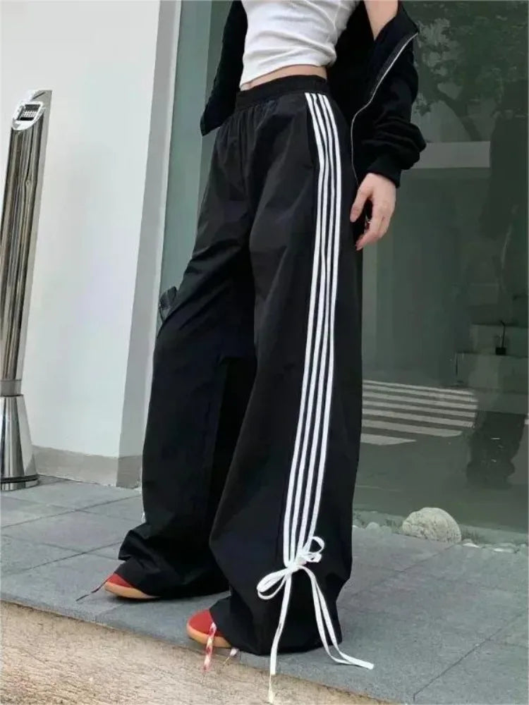 HOUZHOU Black Stripe Women's Sport Sweatpants Wide Oversized Harajuku Casual Joggers Parachute Pants Spring Korean Fashion 2024 Black