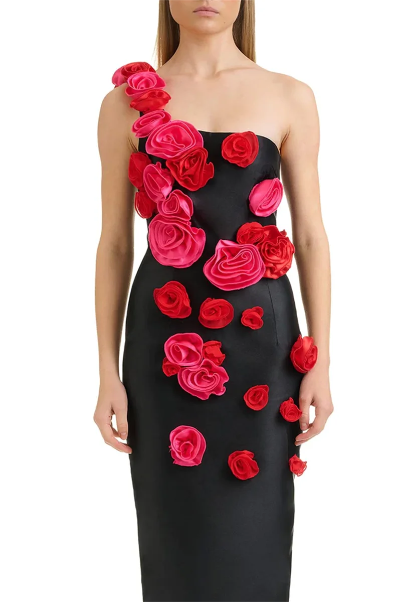 Red Flowers Strapless Black Bandage Ankle Length Dress Elegant Woman Evening Party Dress Cocktail Party Vestido