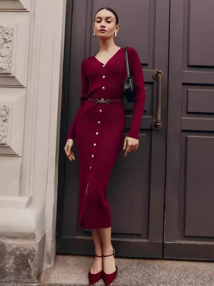 Elegant Long Sleeve Sweater Dress for Women Fashion Single Breasted Knit Maxi Dress Autumn Winter Slit Evening Party Dress 2024