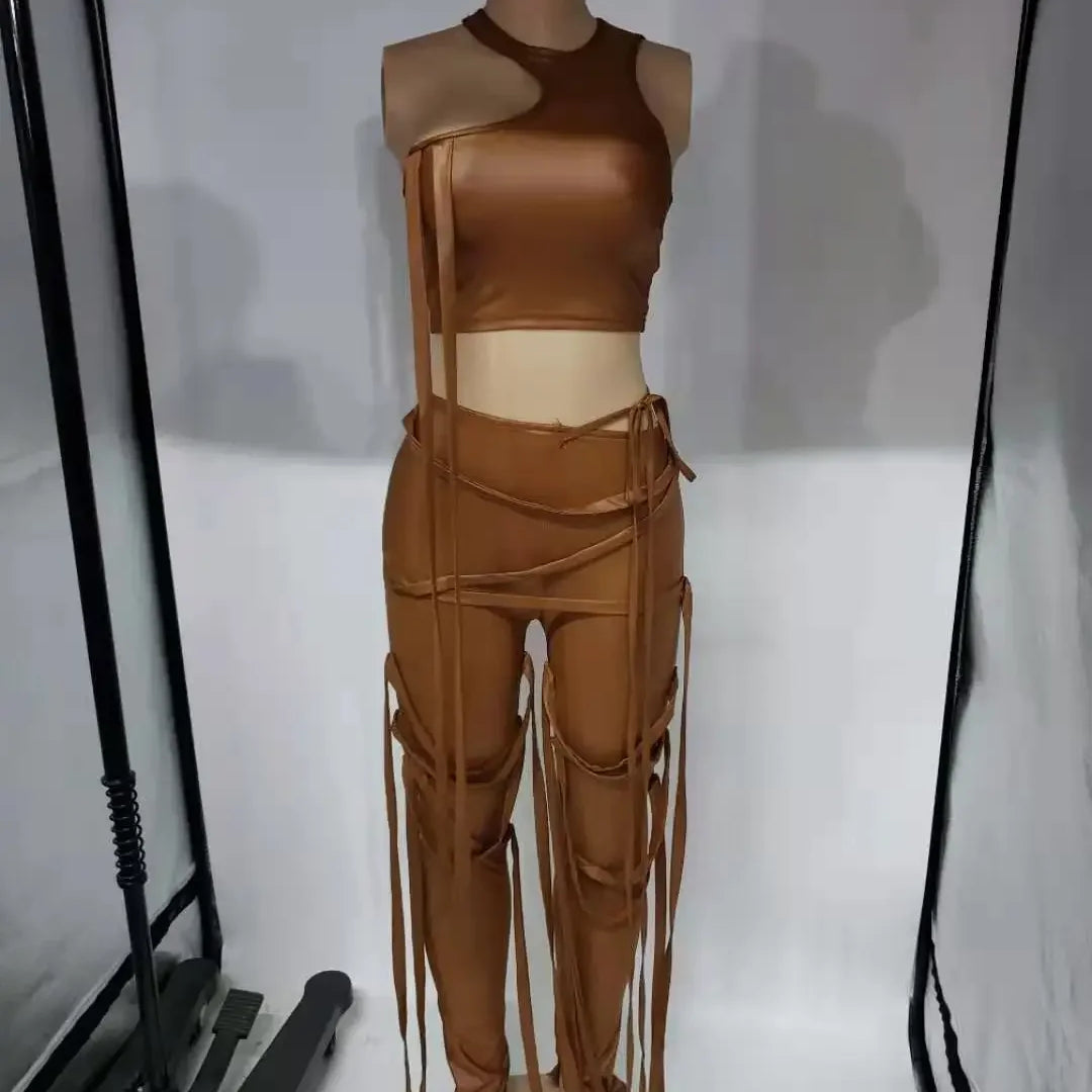 Faux Leather Women's Set Drawstring Lace Up Slit Leggings Pants Suit and Crop Top Street Tracksuit Two Piece Set Outfit
