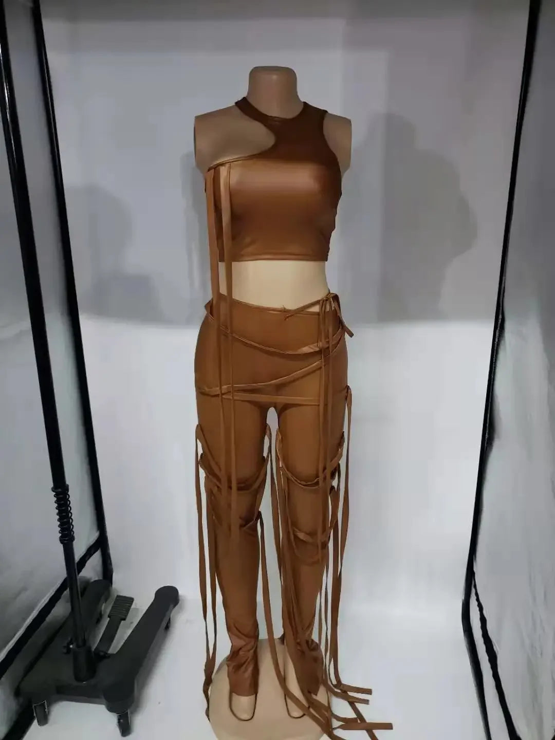 Faux Leather Women's Set Drawstring Lace Up Slit Leggings Pants Suit and Crop Top Street Tracksuit Two Piece Set Outfit