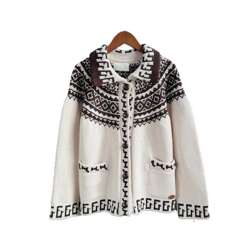 Autumn Winter New Fashion Contrast Color Jacquard Lapel Sweater Coat For Women New Loose Knitted Cardigan 11A07545