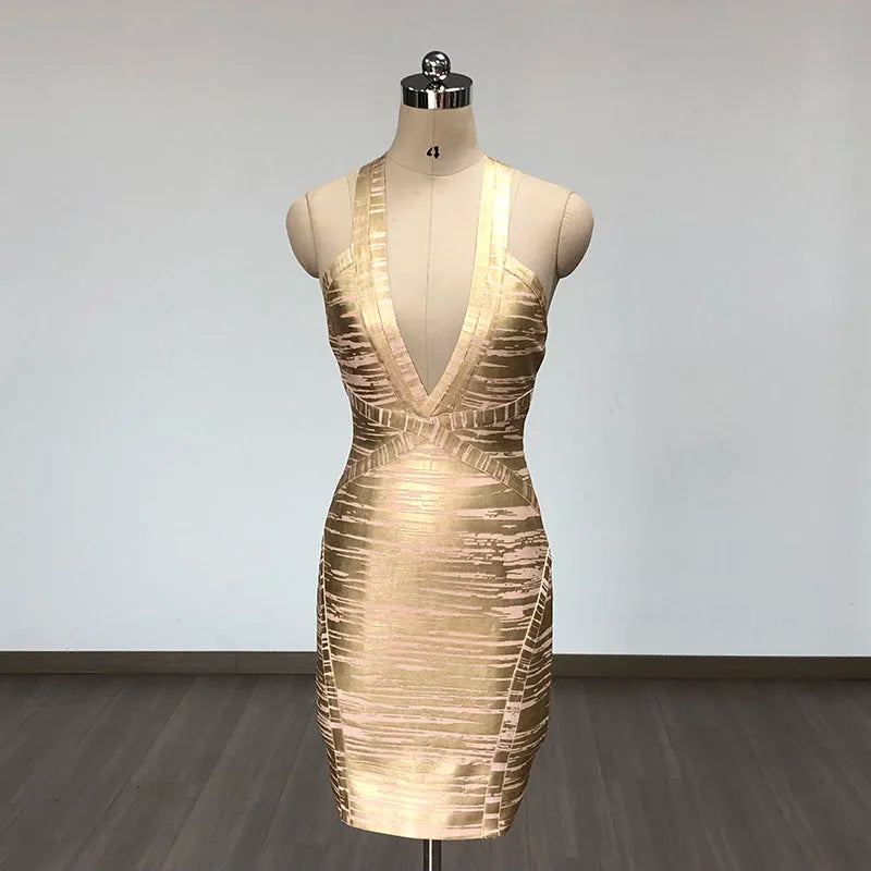Gold Foil Color Women Sexy Off the Shoulder V-Neck Bodycon Mini Bandage Dress Celebrate Evening Party Birthday Outfit Vestido