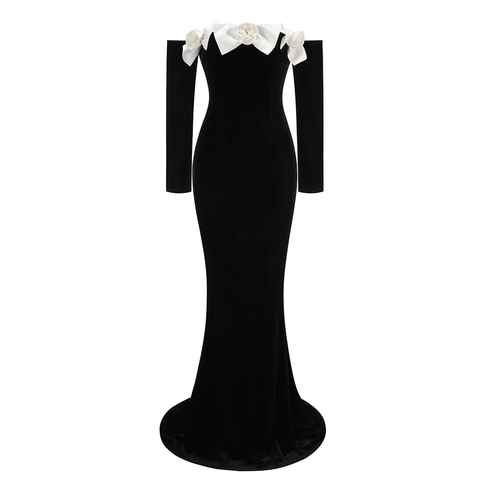 New Winter Style Women Long Sleeve Sexy Off the Shoulder Floor-length Dress Velvet Elegant Evening Party Celebrate Dress