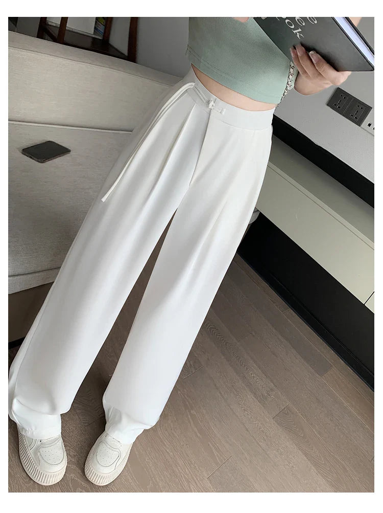 Seoulish High Waist White Suit Wide Leg Women‘s Full Pants Spring Summer Female Elegant Minimalism Straight Loose Trousers 2024 White(regular)