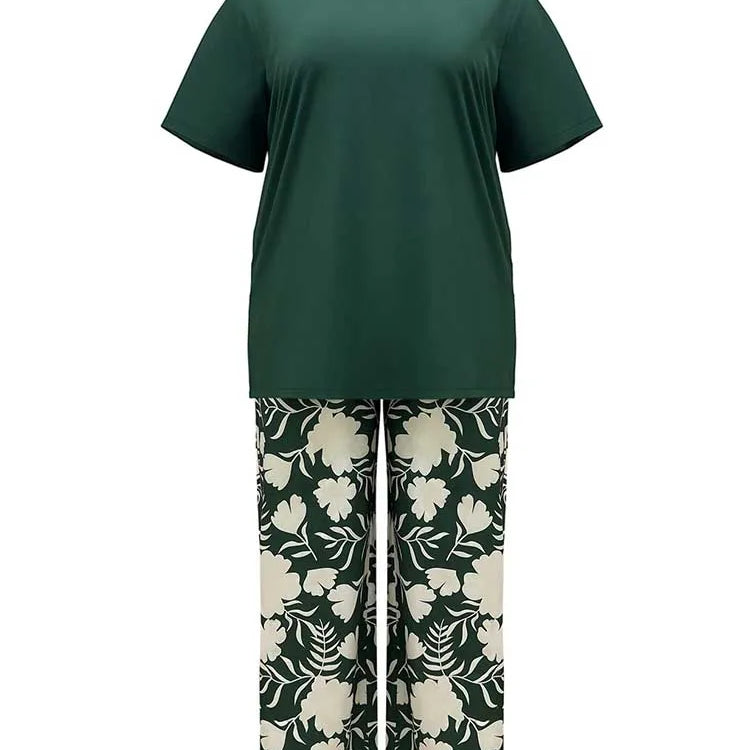Two Piece Pants Set for Woman Summer Clothing Female Streetwear Casual Loose Tshirt and Print Trouser Plus Size Suit Set green