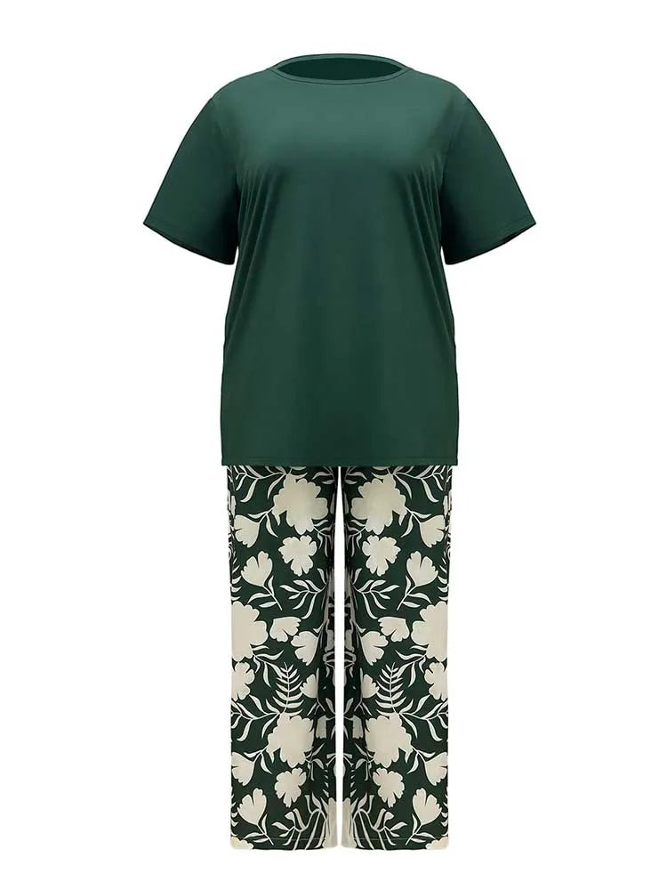 Two Piece Pants Set for Woman Summer Clothing Female Streetwear Casual Loose Tshirt and Print Trouser Plus Size Suit Set green