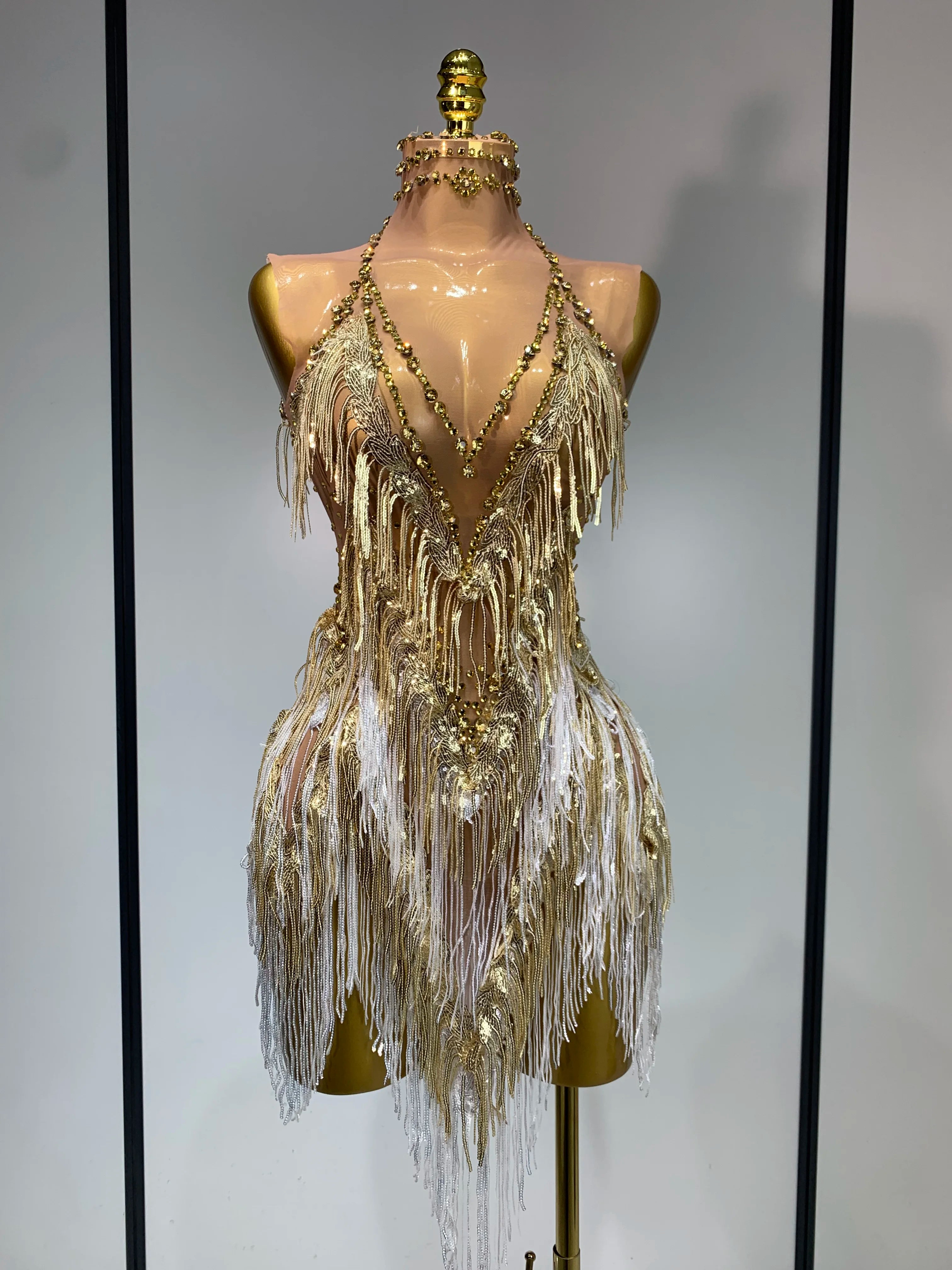 Luxury Rhinestone Tassel Sexy Women Short Latino Dance Dress Birthday Nightclub Bar Sleeveless Sparkly Performance Stage Outfit Gold