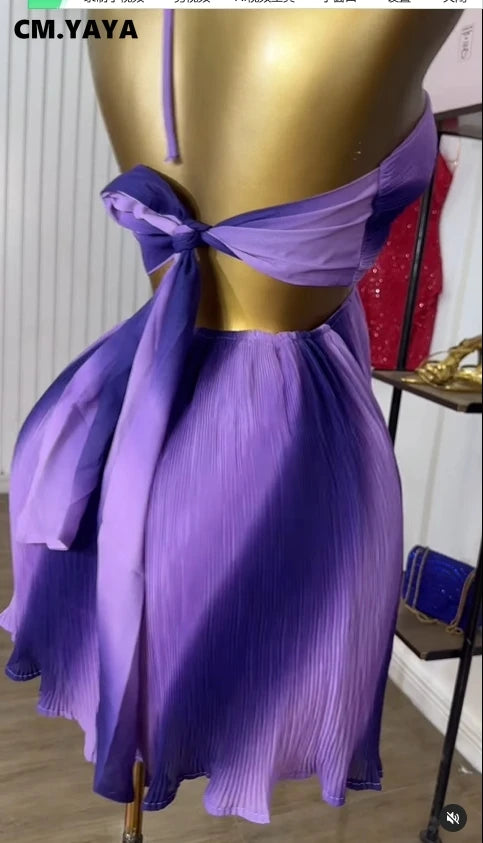 CM.YAYA Women Sleeveless Strap Gradient Printed Big Swing Dress 2025 Beach Holiday Evening Night Party Vestidos Sexy Dresses