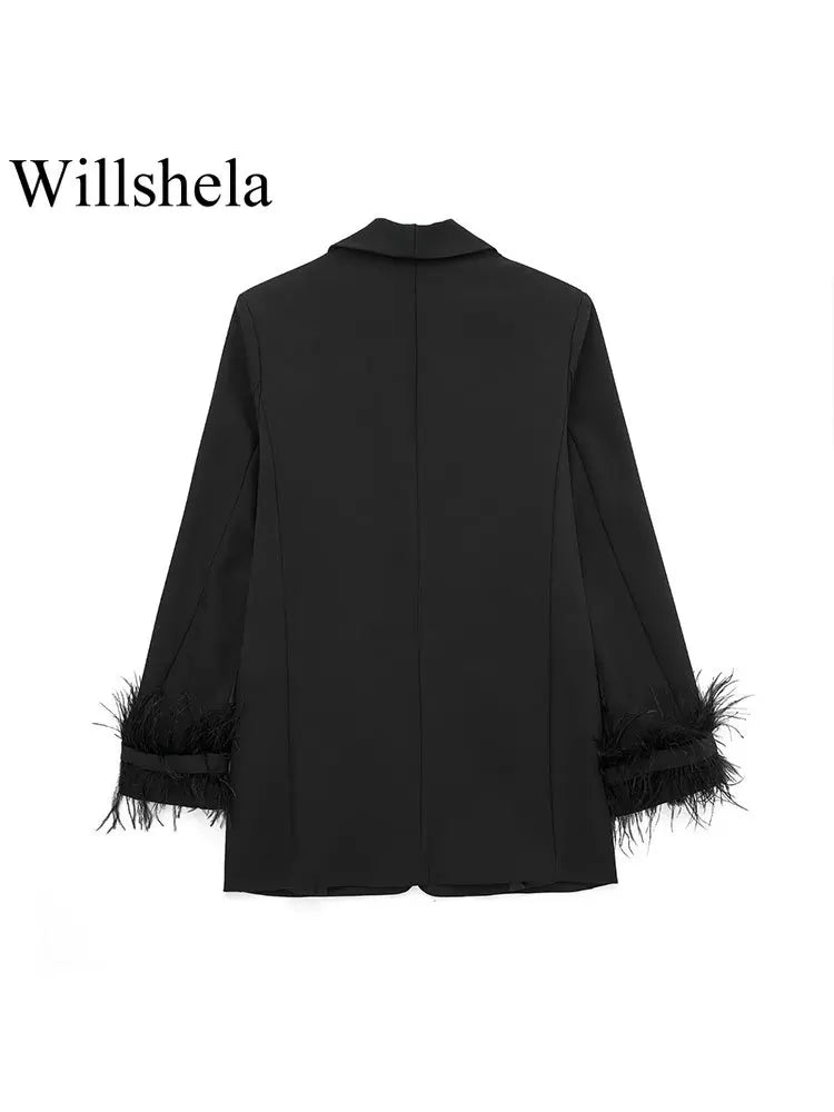 Willshela Women Fashion Satin Black With Feather Blazer Jacket Vintage Notched Neck Single Button Long Sleeves Female Outfits