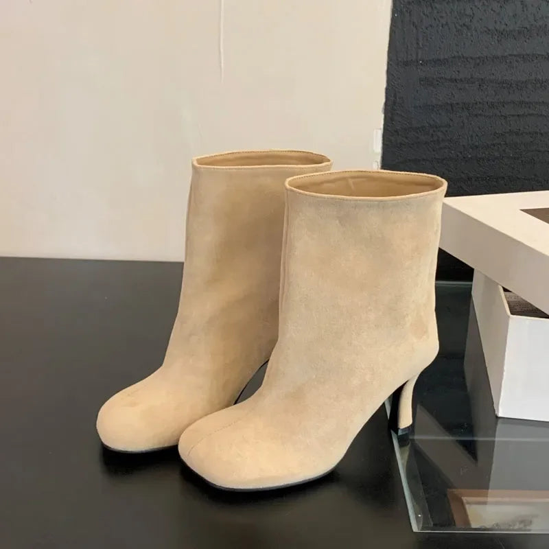 Eilyken Street Style Pleated Round Toe Women Ankle Boots Thin Heels Shoes Winter Concise Chelsea Short Botas Mujer Apricot