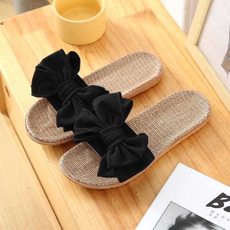 Women Summer Casual Slides Comfortable Flax Slippers Striped Bow Ya Ma Flip Flops Platform Sandals Ladies Indoor Shoes