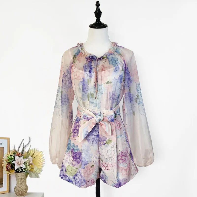 Real Shot In Stock Australian Spring Summer Celebrity Liu Shishi Same Style Purple Floral Long Sleeve Shirt + Shorts Set