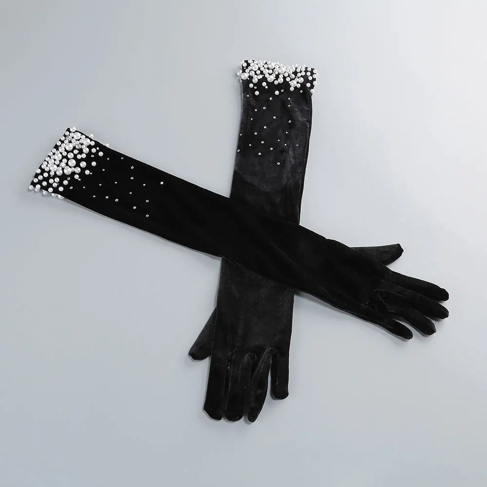 2025 Women's Light Luxury Nail Bead Design Velvet Dress+Neck+Glove Design Strapless Sleeveless Bodycon Split Body Long Dresses