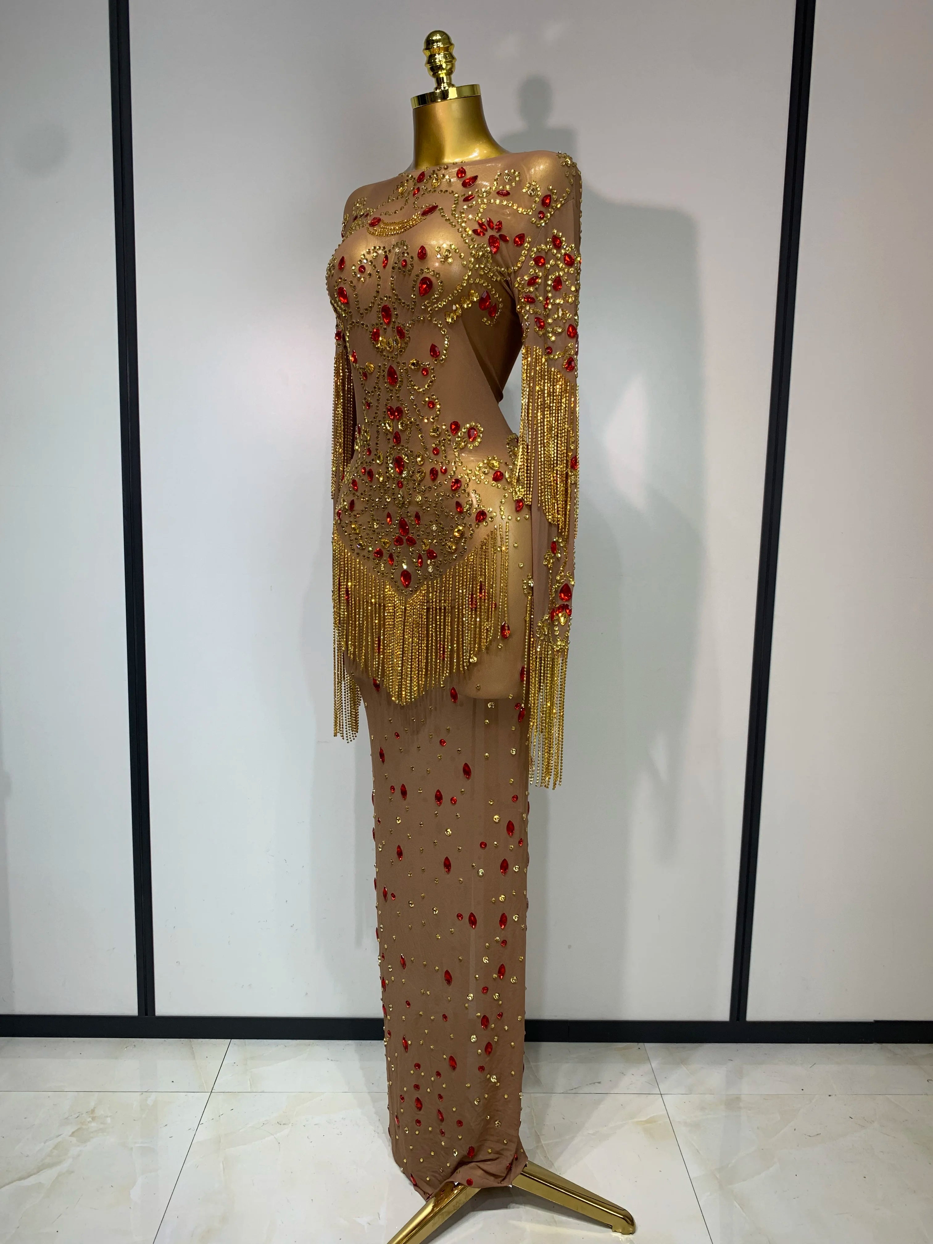 See Through Elastic Mesh Sparkly Rhinestone Stage Performan Costume Luxury Birthday Evening Party Wedding Dress