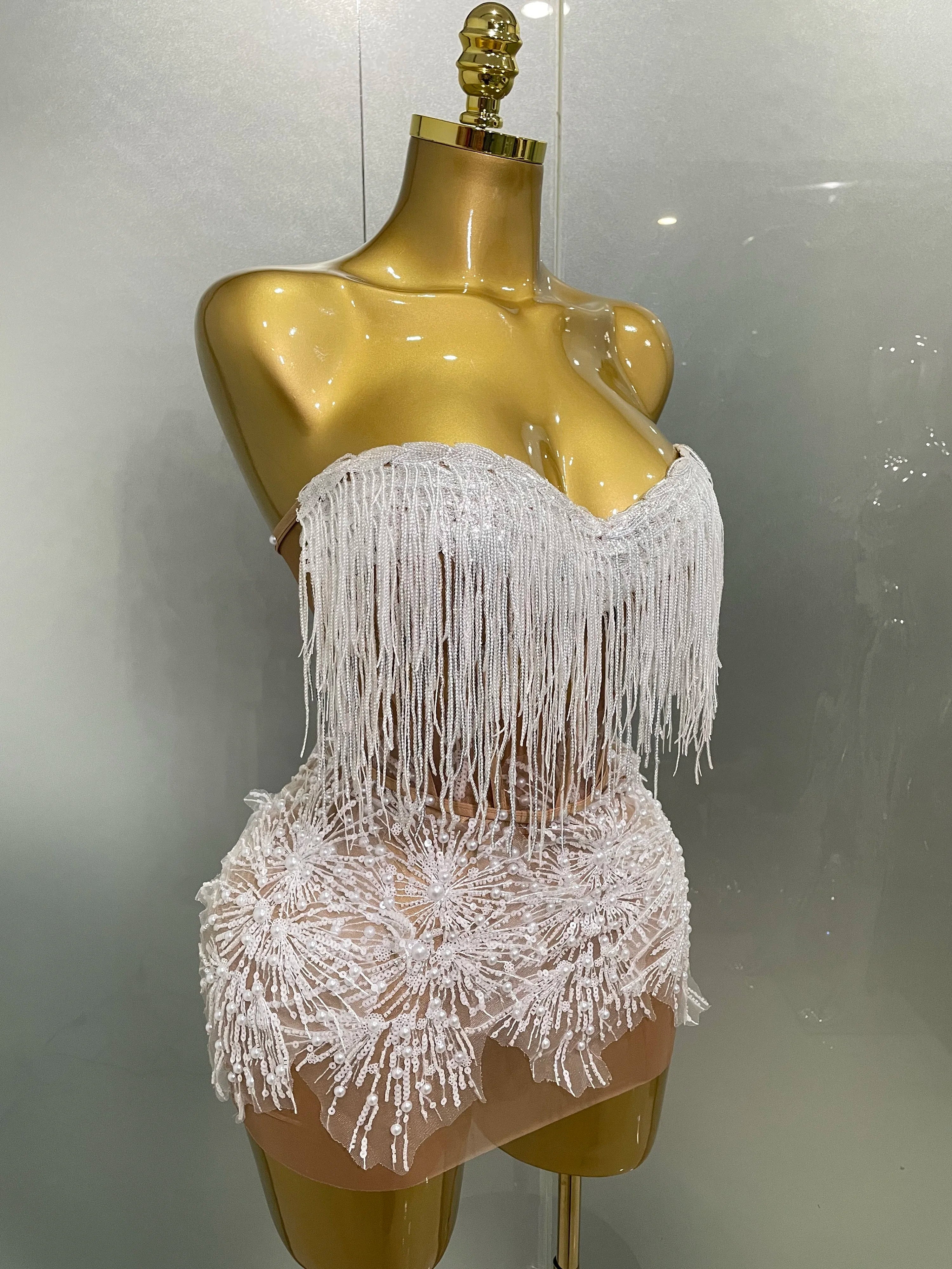 2025 Sexy Pearl Sequins Tassel Sleeveless Glitter Mini Dress Women Singer Bar Nightclub Stage Performance Clothing Show Outfit