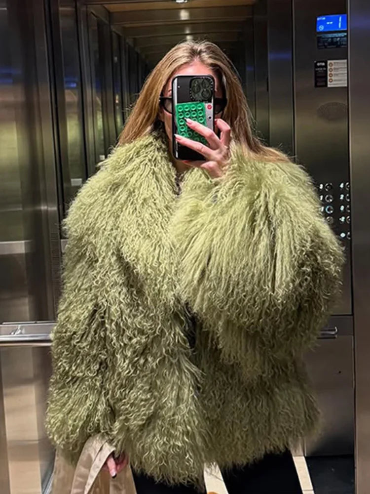 Green Luxury Fluffy Faux Fur Jacket Women Fashion Lapel Long Sleeve Loose Warm Coat 2025 Winter Lady High Street Outerwear