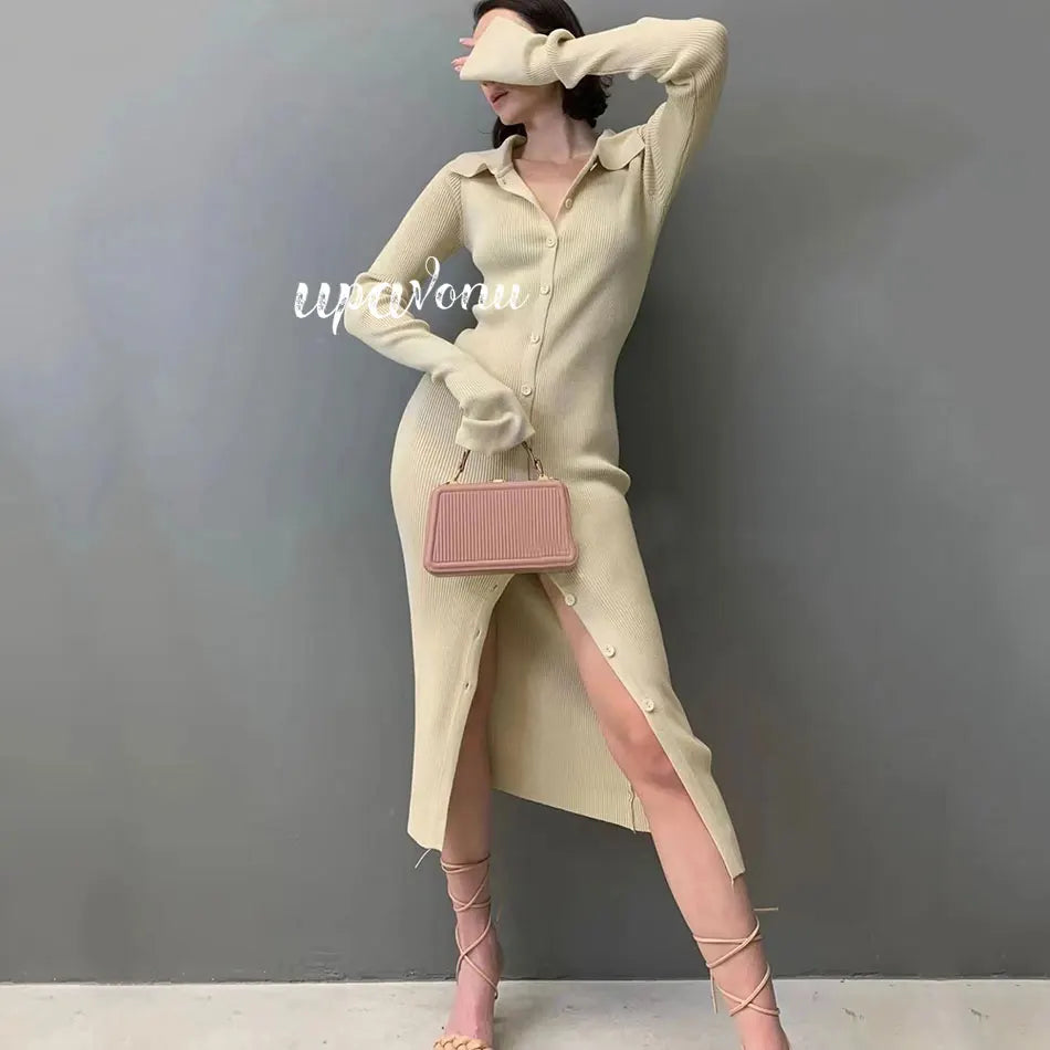 2025 Autumn Bodycon Dress Sweater Knitted Green Women Sexy Midi Split V Neck Long Sleeve Casual Dresses Party Vestidos apricot