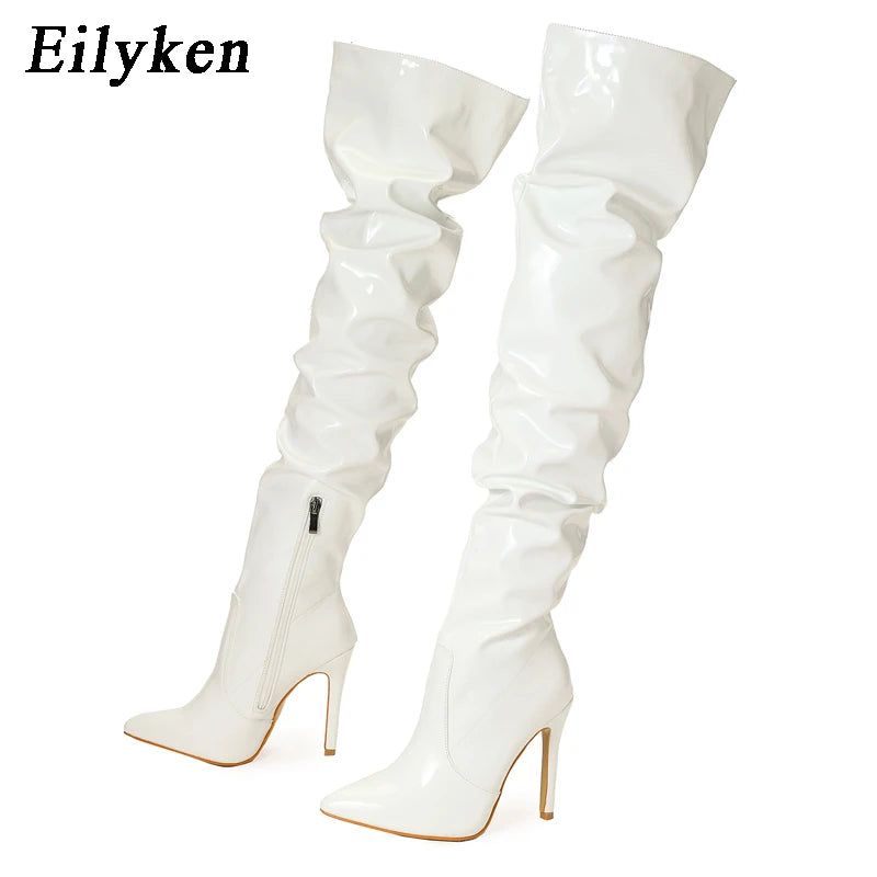 Eilyken Red Women Over The Knee Boots High Heels Patent Leather Solid Pointed Toe Stiletto Side Zipper Sapatos Femininos White