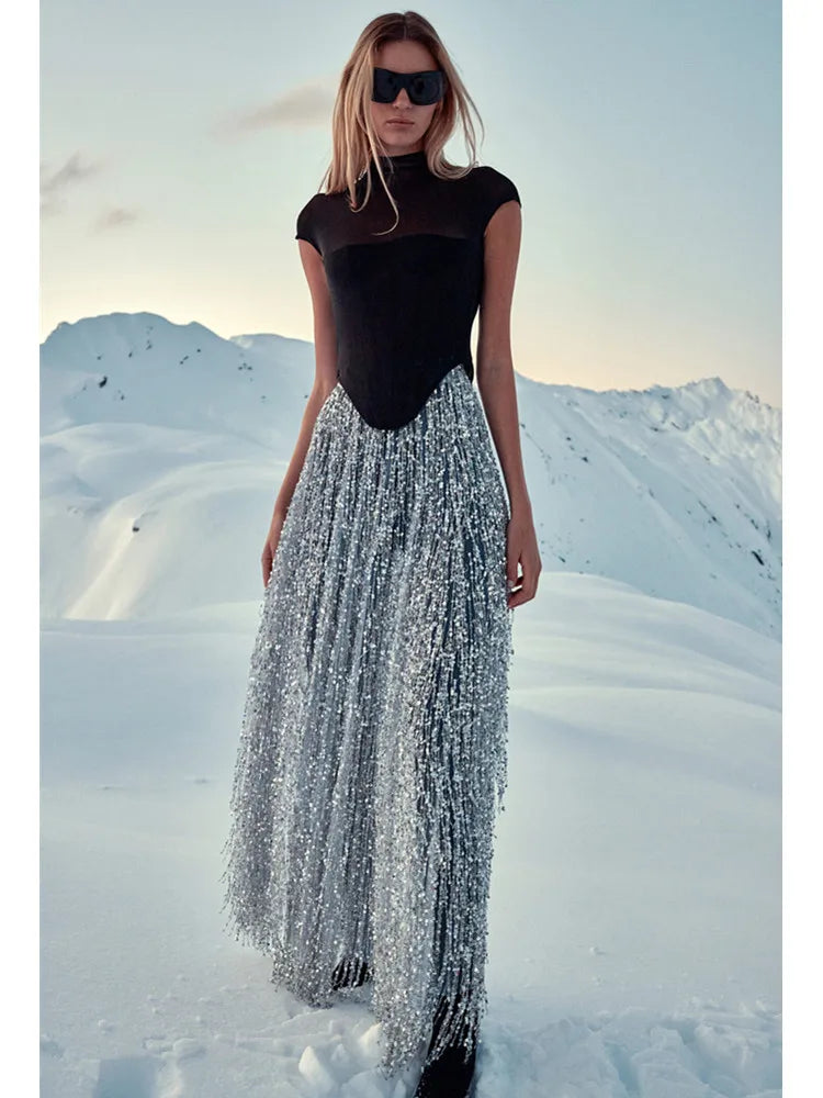 Women Celebrity Sexy Short Sleeve Mesh Sequins Silver Maxi Long Bodycon Skirt Set 2025 Elegant Evening Club Party Outfits