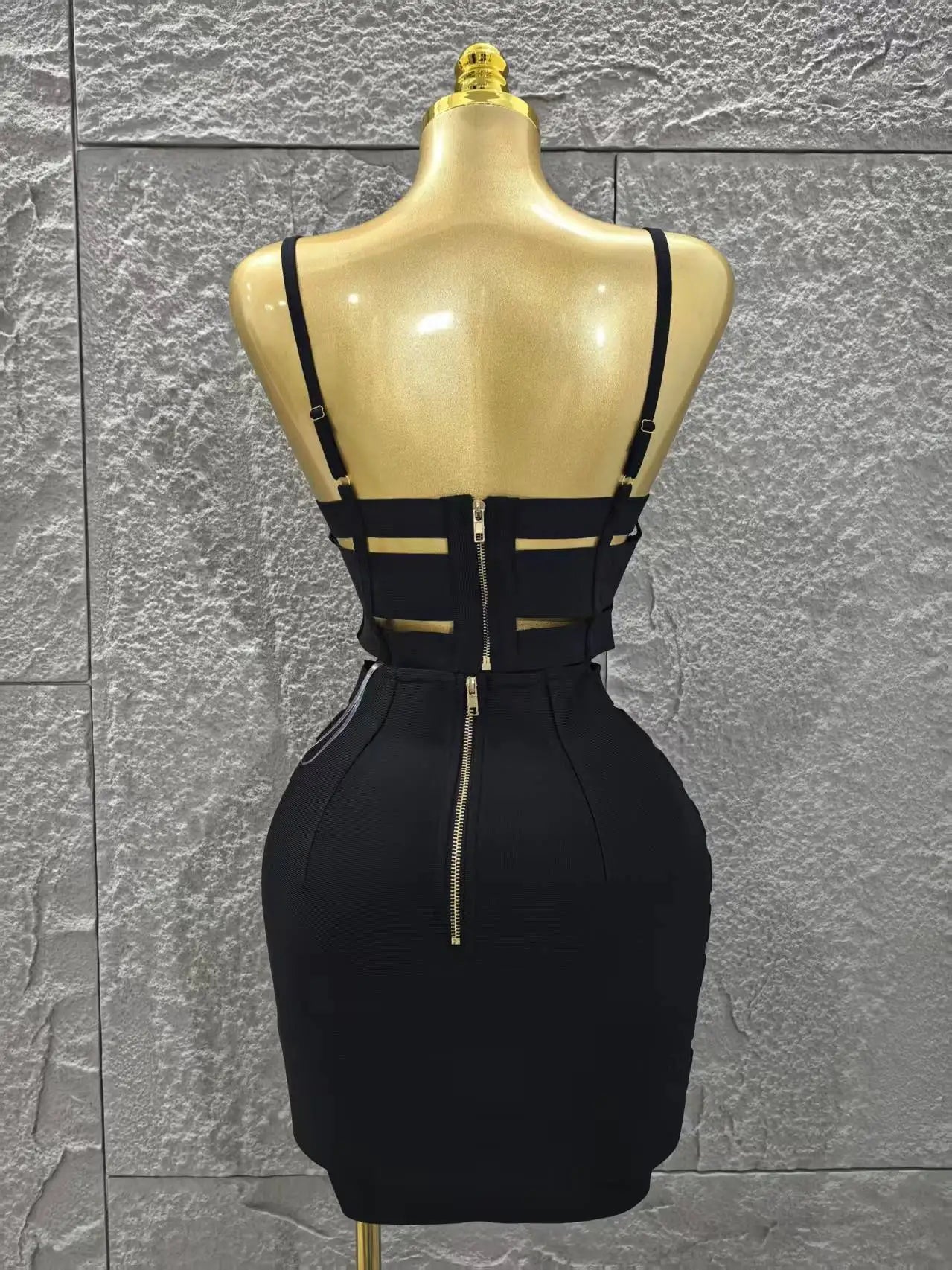 Black Color Women Sleeveless Sexy Strap 2 Pieces Bodycon Mini Bandage Dress Nightclub Party Birthday Fashion Outfit Vestido
