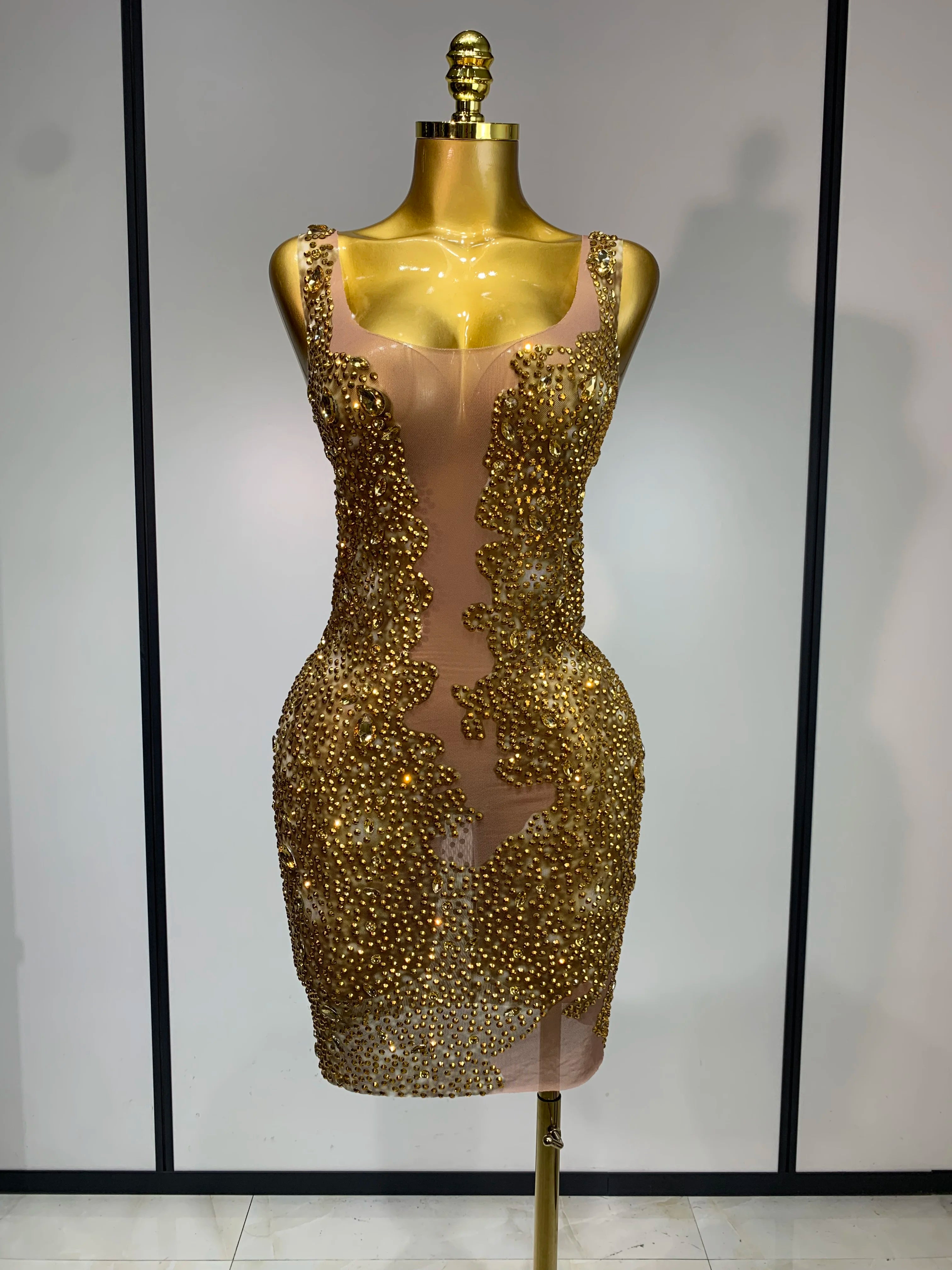 Women Sexy Stage Perform Outfit Club Gown Shining Gold Rhinestones Elegant Mesh Dress Birthday Evening Party Photoshoot Costume Gold