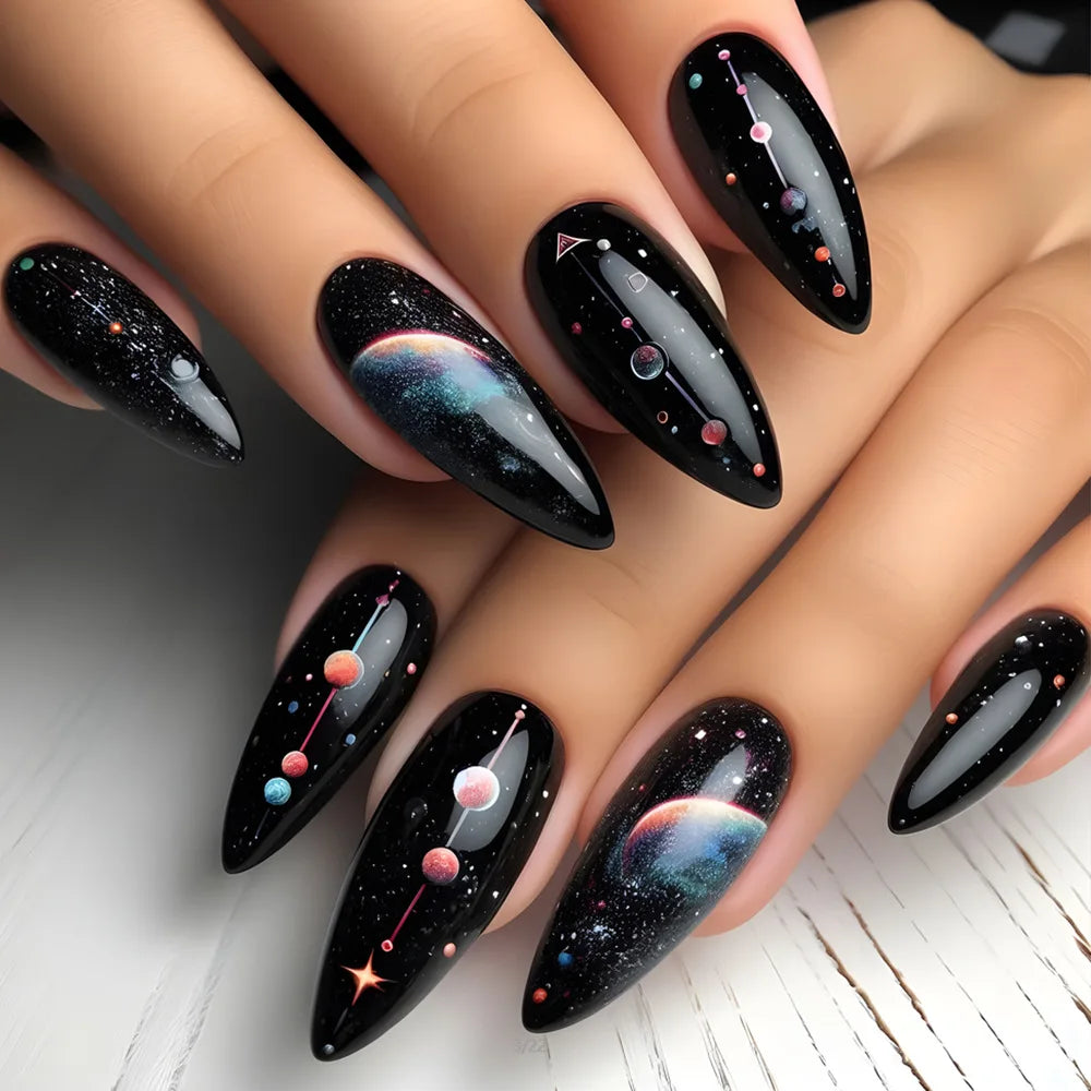 24Pcs Black French Fake Nails Art Nebula Gradient Space Mid-length Almond Press on False Nails Planet Wearing Finished Nail Tips 1