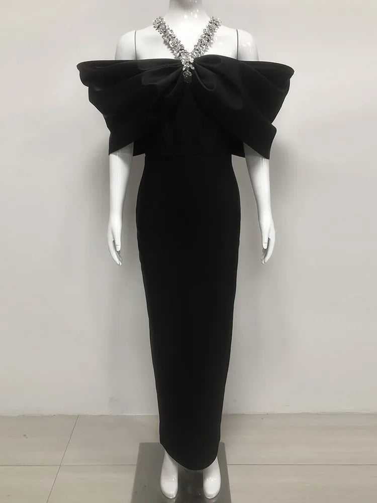 Women Sexy Off Shoulder Ruched Black Maxi Long Diamonds Celebrity Bodycon Bandage Dress 2025 Elegant Evening Club Party Dress