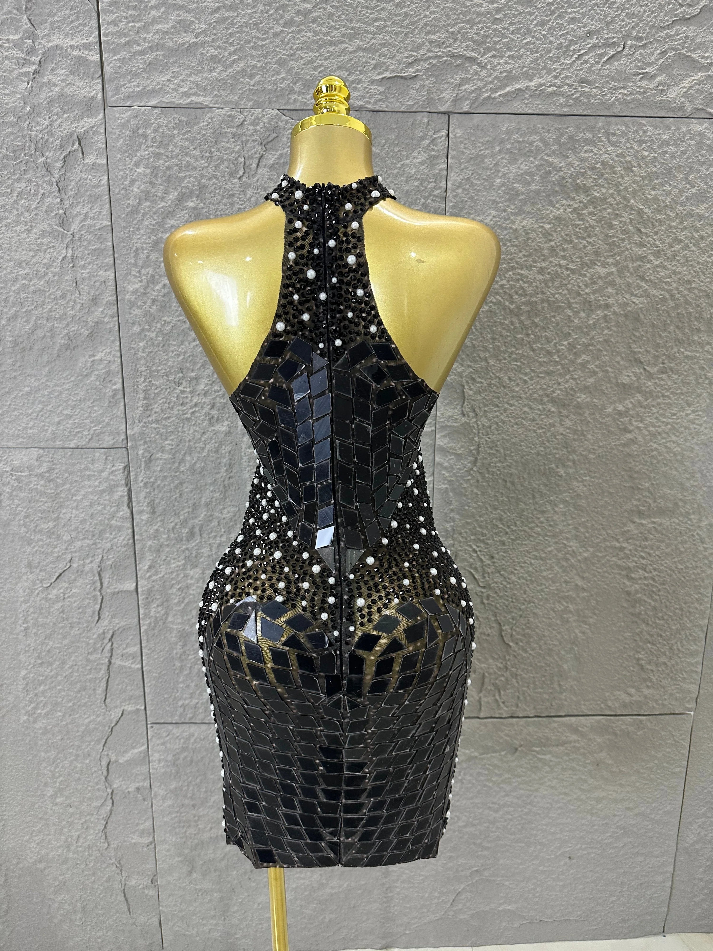 Luxury Black Gold Red Halter Neck Bandage Mini Dress Diamond Mirror Pearl Embellished Bodycon Formal Evening Gown