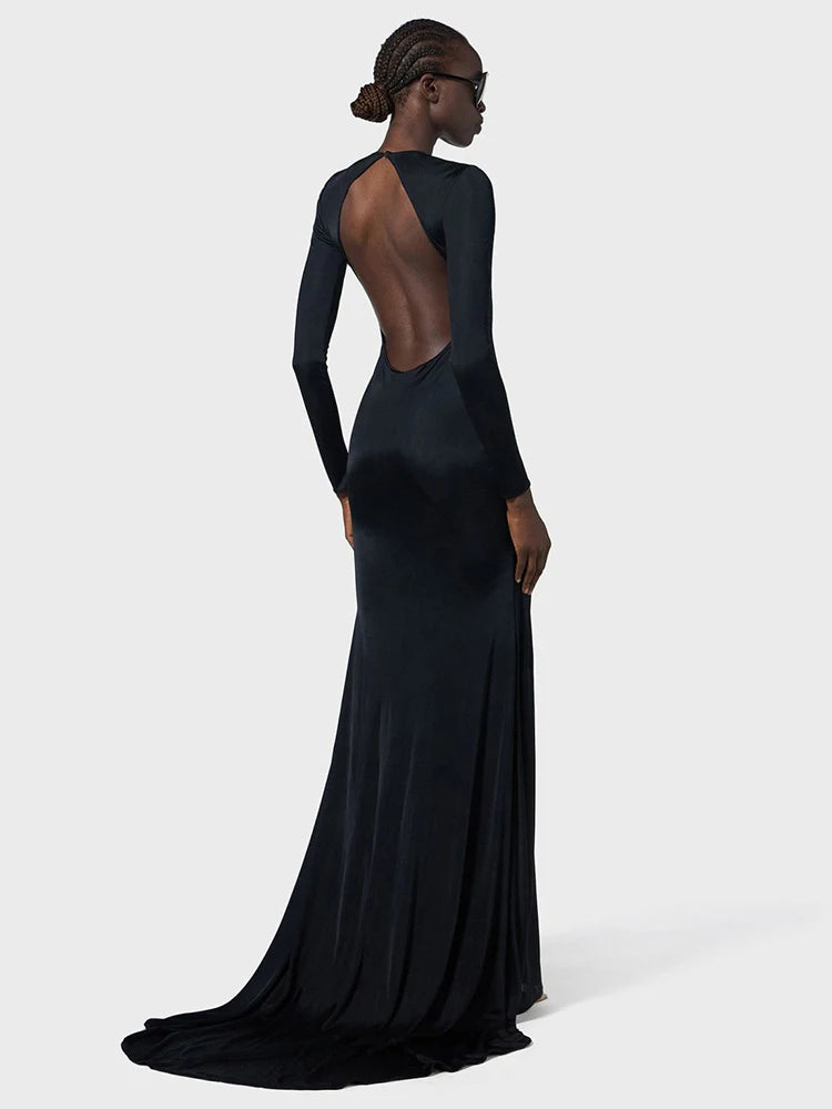 Sophisticated Long Sleeved Black Maxi Dress with Cut-Out and Open Back for Gala Affairs Evening Gown