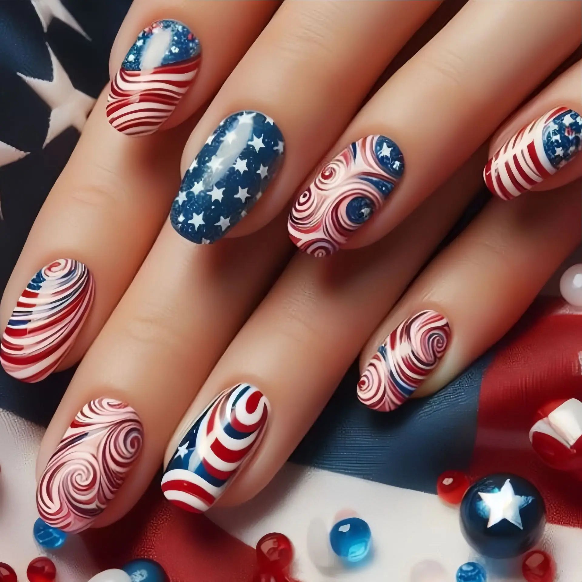 24pcs/set Short Medium square ballet fake nails tip for American Independence Day blue red flowers star flag press on false nail 2091