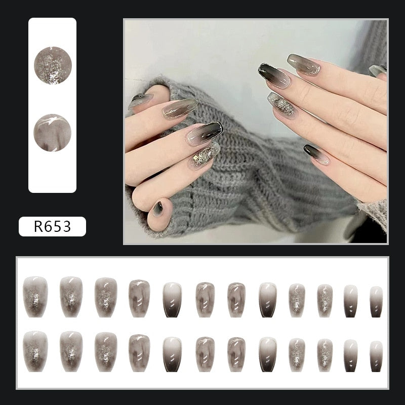 Y2k Fake Black Nail Long Ballet Reusable Adhesive Acrylic Press on set Nails Dark Acrylic Artificial False Nails Arts Tips 24pcs R653