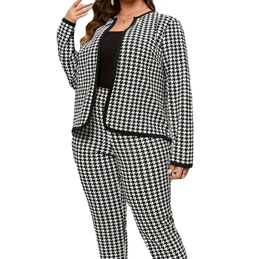 Large size directional elegant and fashionable houndstooth round neck women's long pants set, casual and versatile spring and au 9367