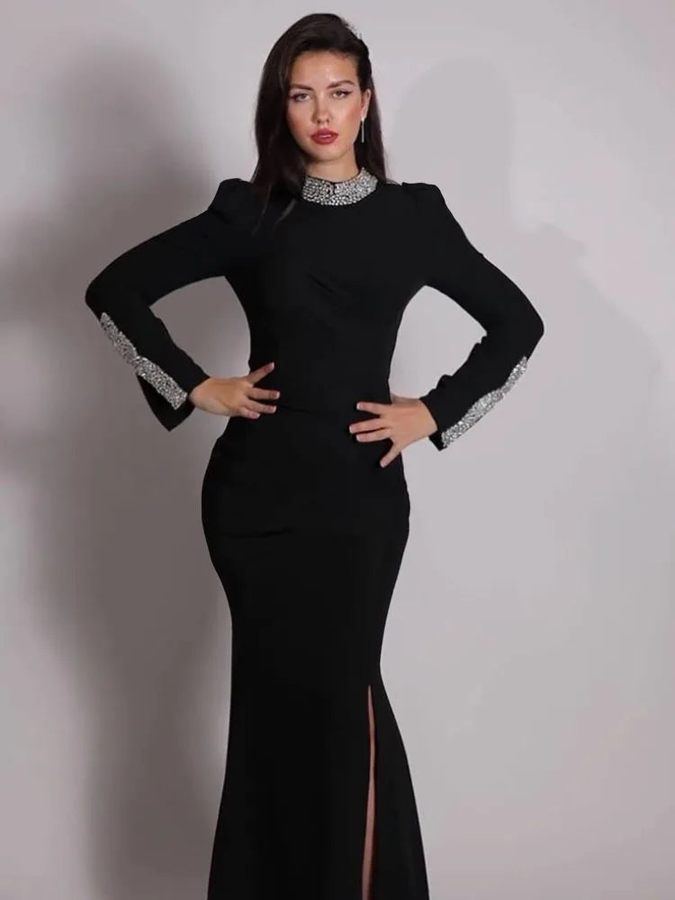 Black Long Sleeves Diamonds Turle Neck Dress Long Sleeves High Slit Celebrity Cocktail Party Bandage Long Dress Maxi Gowns