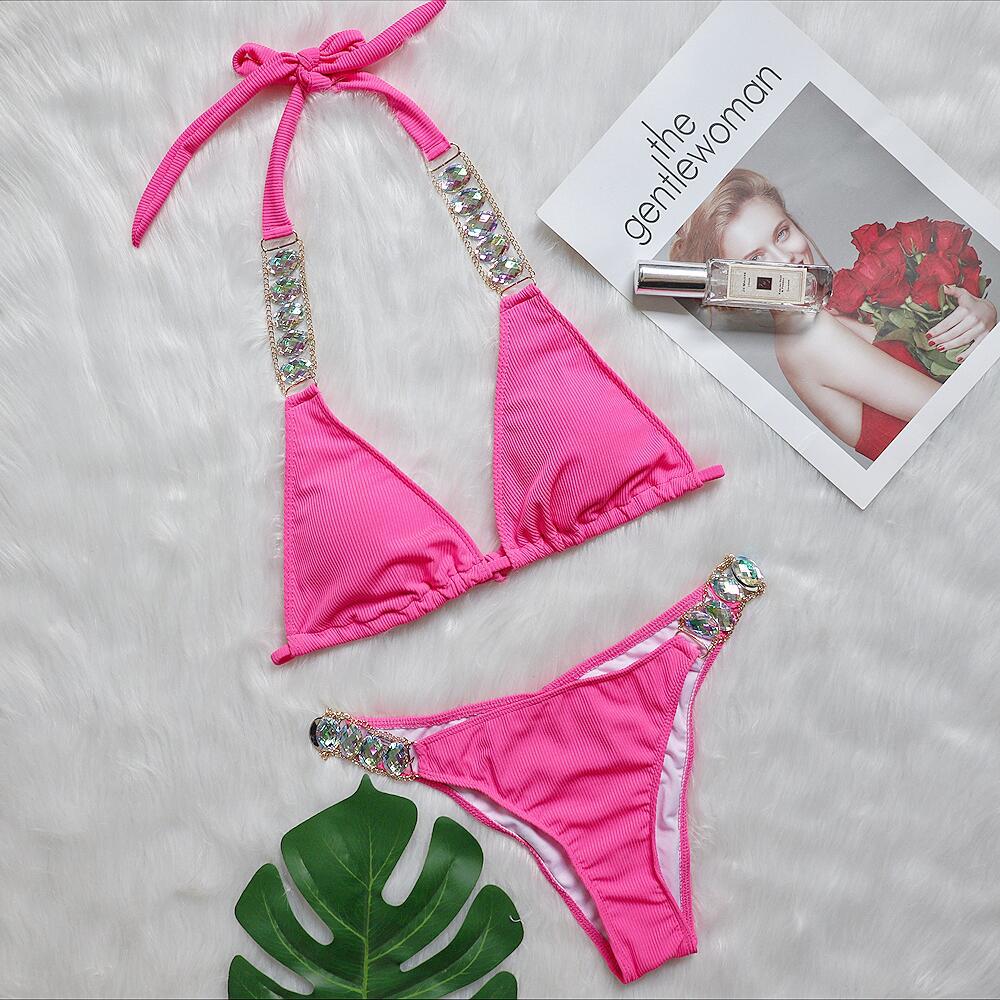 Rhinestone Bikini Swimwear - Swimsuits Crystal Sequined Sexy Low Waist Bikinis Sets Female Beach Bathing Suit Bather BikinisB07